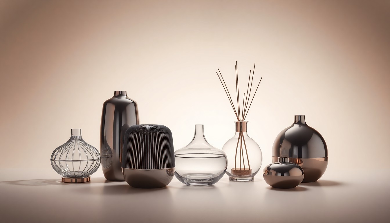 A high-end, photorealistic studio still-life photograph featuring a collection of sleek, minimalist air diffuser objects made from polished glass and metal, arranged elegantly on a clean, monochromatic background to convey a sense of sophistication and innovation in the household air care industry.