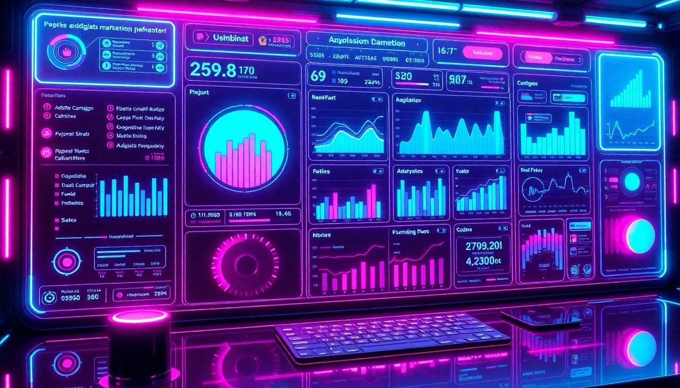 A highly detailed, glowing 3D illustration of a futuristic digital marketing dashboard, with neon cyan and magenta lights illuminating various data visualizations, algorithmic controls, and adaptive campaign management tools, conceptually representing the increasing integration of AI into modern marketing strategies.