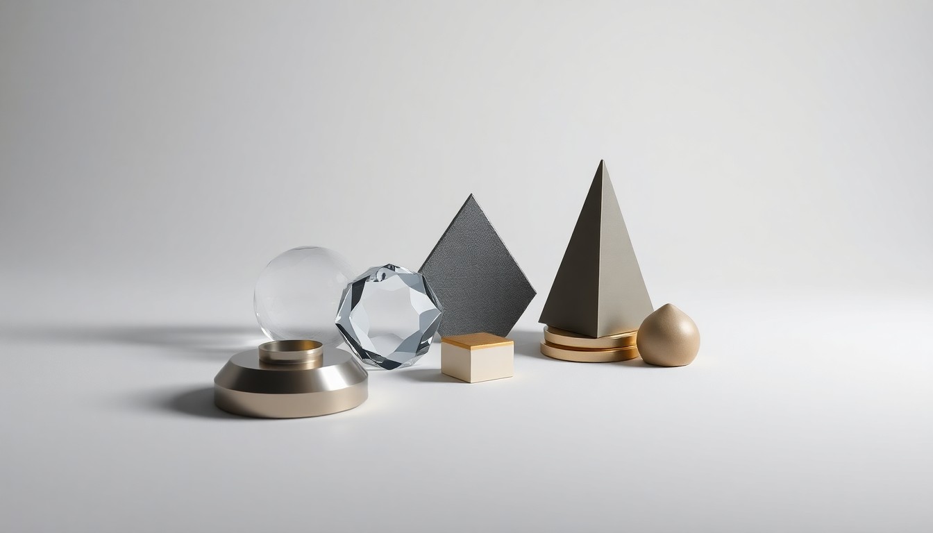 A high-end, photorealistic studio still-life photograph featuring a collection of polished, geometric objects in muted tones, conceptually representing the abstract concepts of corporate strategy, finance, risk, and markets in an unpredictable world.