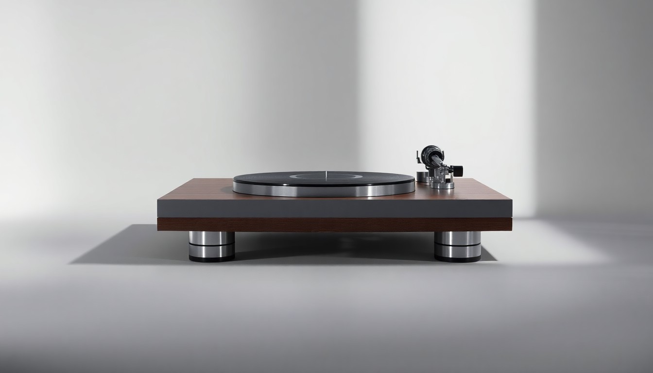 A photorealistic studio still-life image featuring a sleek, modern turntable made of polished metal and wood, placed on a clean, monochromatic background and illuminated by dramatic studio lighting, conceptually representing the premium audio equipment driving the growth of the global HIFI electronics market.