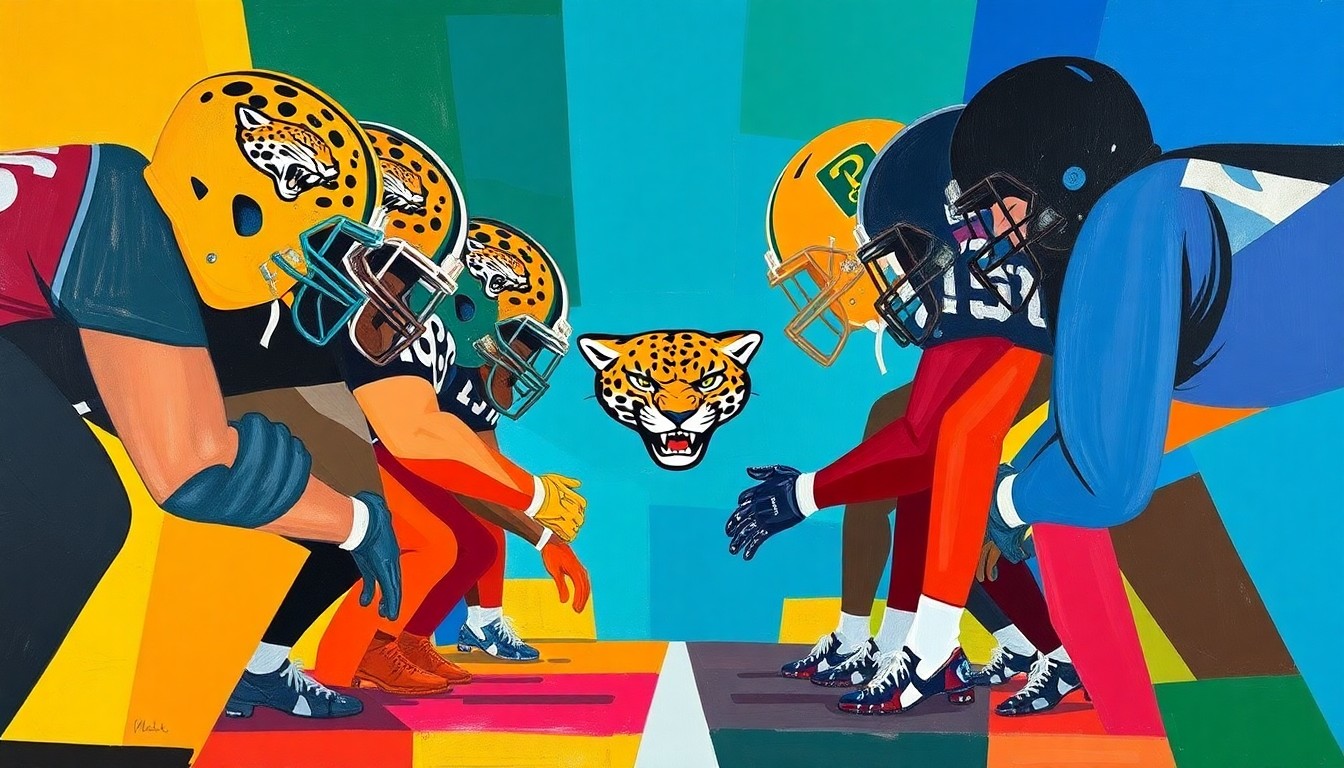 A fragmented, abstract painting in the style of Pablo Picasso, featuring sharp, overlapping geometric shapes in the Jaguars' teal, gold, and black team colors, conceptually representing the team's offensive line.