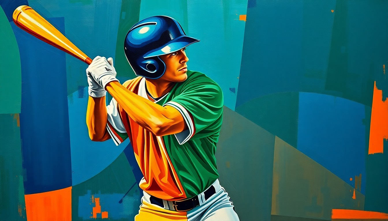 A cubist-style painting depicting a baseball player's batting stance broken down into sharp, overlapping geometric shapes in a vibrant color palette, conveying the dynamic energy of the sport.
