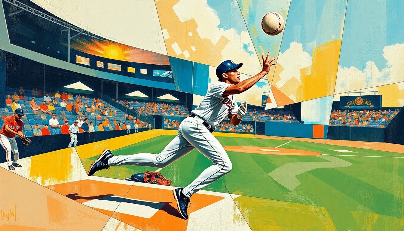 A cubist-style painting depicting a baseball outfielder making a catch, with the figure broken down into sharp, overlapping geometric shapes and planes in a vibrant color palette.