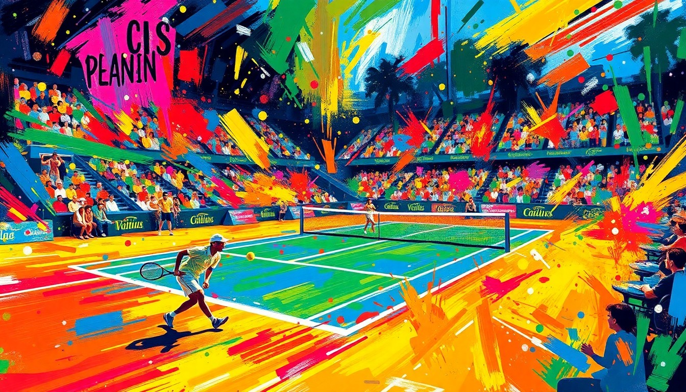 An abstract, energetic painting in neon colors depicting the motion and dynamism of a tennis match, with the court, players, and equipment blending into expressive brushstrokes.