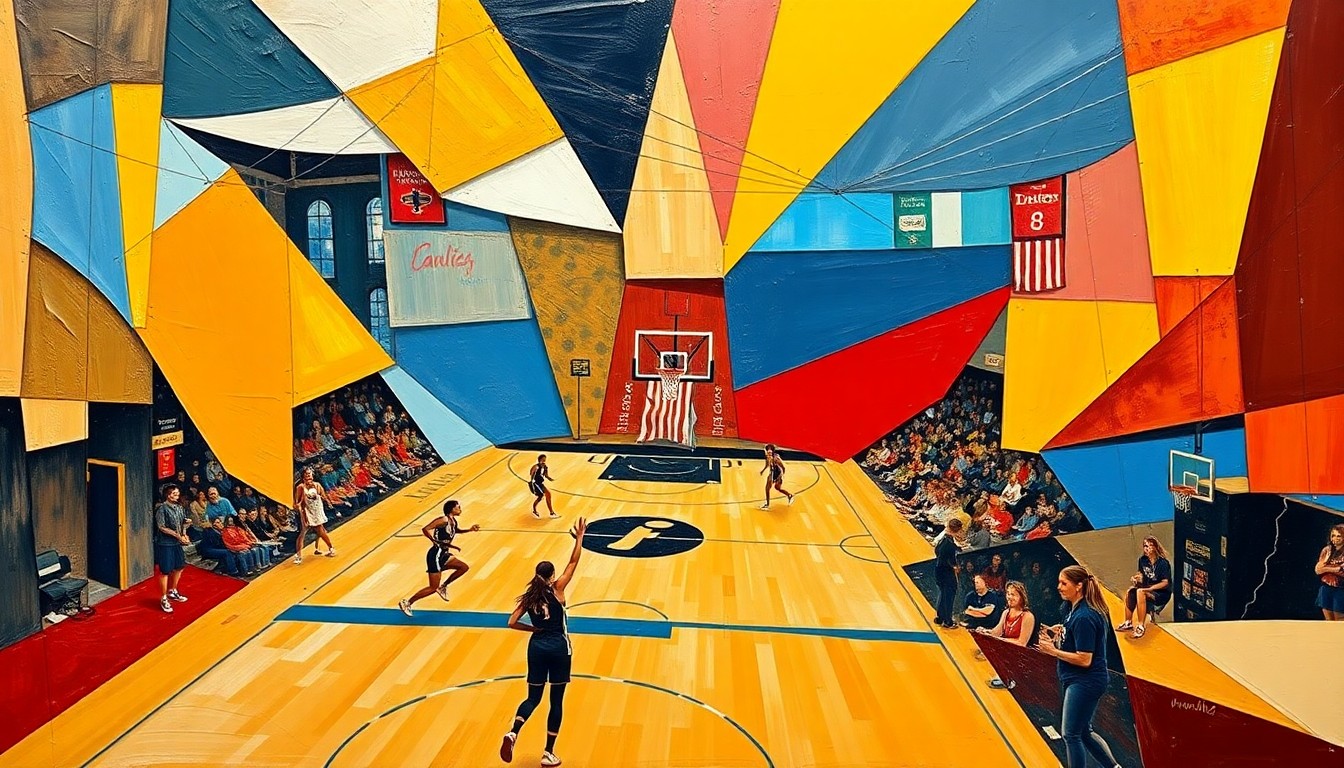 A fragmented, abstract painting depicting the dynamic movements and energy of a women's basketball game, rendered in bold, clashing geometric shapes and colors.