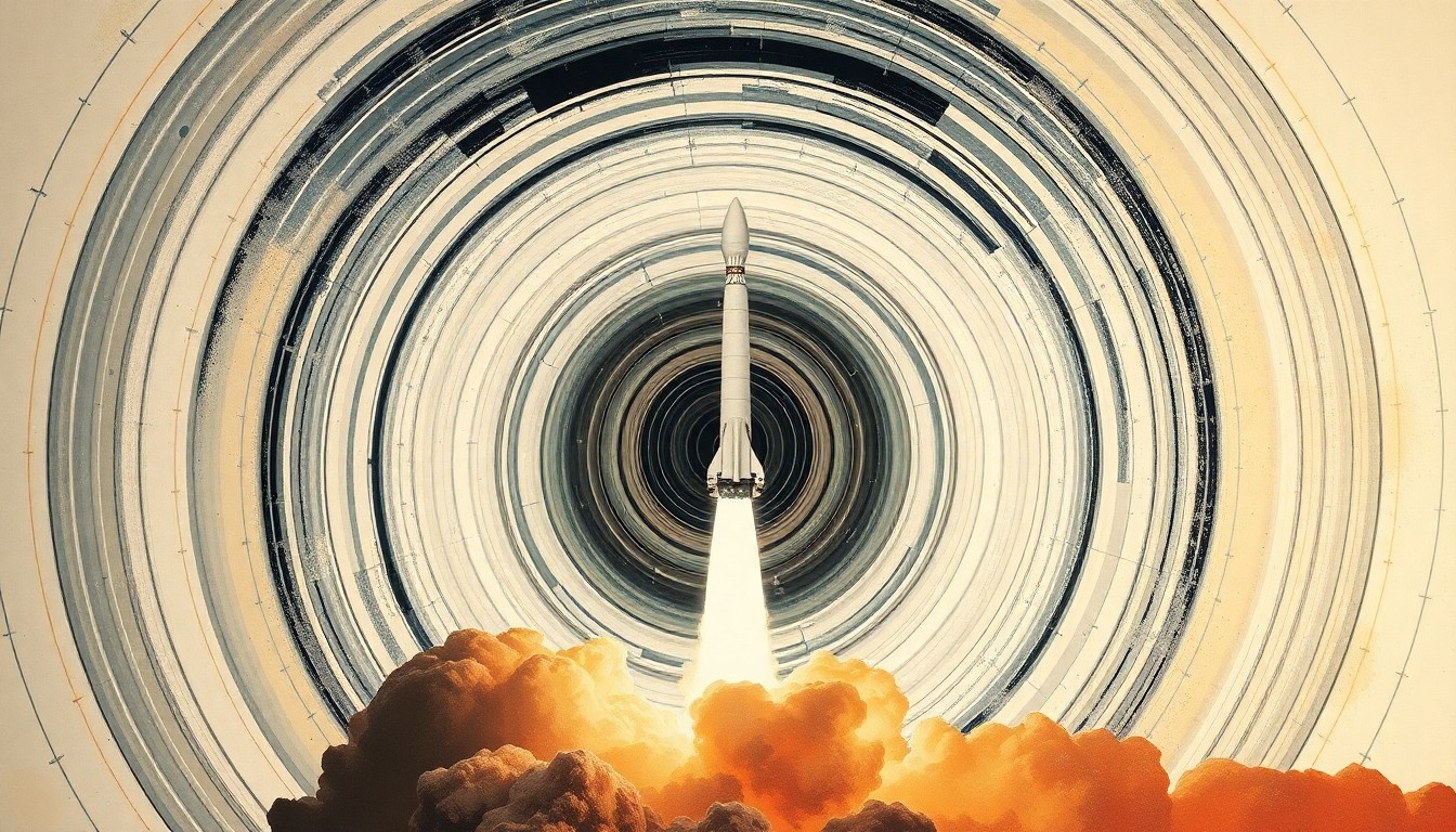 An abstract painting in the style of Hilma af Klint, featuring sweeping geometric arcs, concentric circles, and precise rocket spirals in soft colors, representing the powerful launch of a Falcon 9 rocket.