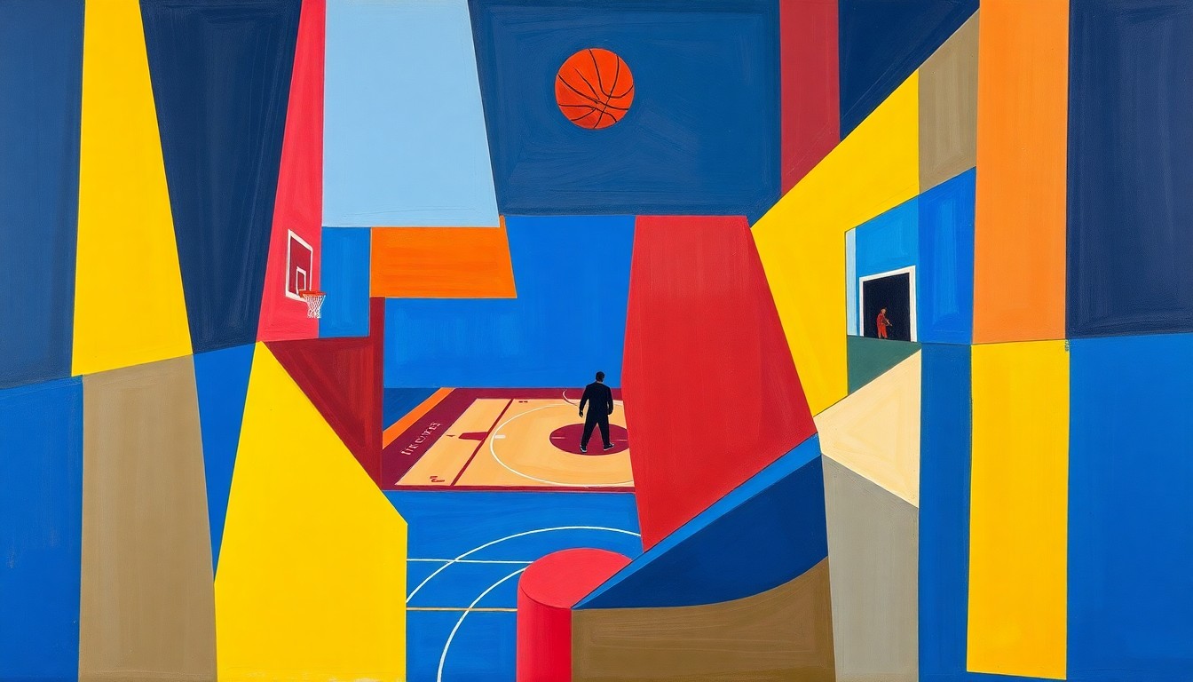 A fragmented, cubist-style painting depicting a basketball game broken down into sharp, angular shapes and planes of deep blue, crimson red, and bright yellow, conveying the disruption and transition of a player leaving a team.