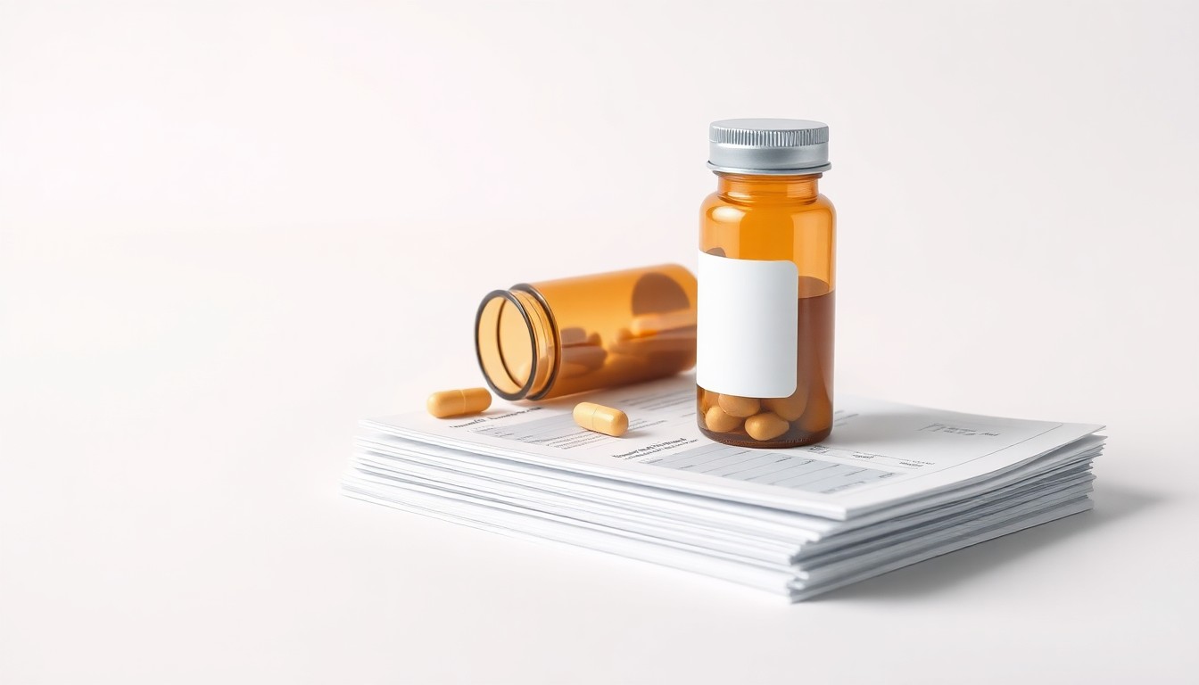 A photorealistic studio still life featuring a shiny metal pill bottle and a stack of financial documents on a clean, monochromatic background, conceptually representing the abstract themes of pharmaceutical regulation, corporate strategy, and investor risk.