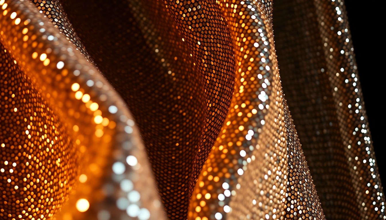 An abstract close-up image of a glittering, sequined fabric in high-contrast lighting, conveying the glamour and artistry of Hurt's acting career.
