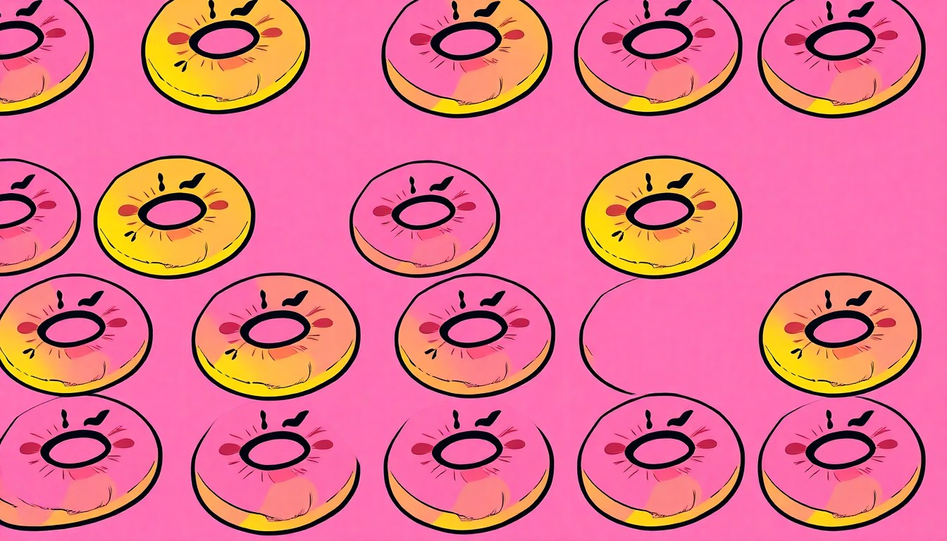 A brightly colored, high-contrast silkscreen print depicting a single brisket donut item repeated in a tight grid pattern, utilizing vibrant neon color palettes and heavy black outlines to transform this unique ballpark food into modern pop art.