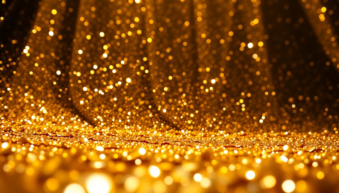An extreme close-up photograph of shimmering gold sequins reflecting dramatic studio lighting, creating a high-contrast, abstract texture that conceptually represents the creative energy and glamour of the entertainment industry.