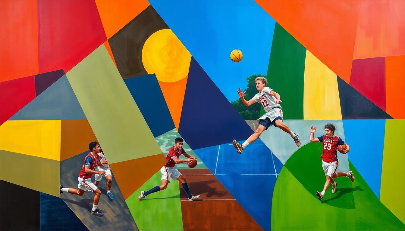 A fractured, geometric painting depicting various high school sports competitions, with sharp planes of color representing the dynamic movements and energy of the athletes.