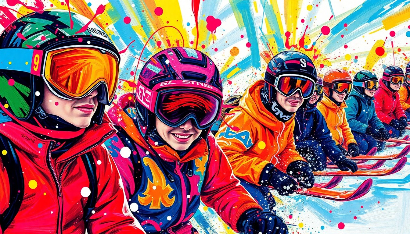 A vibrant, expressionist painting in neon colors depicting a group of skiers in outrageous retro outfits, their faces and forms blending together in a dynamic, energetic scene that captures the fun and community of Gaper Day.