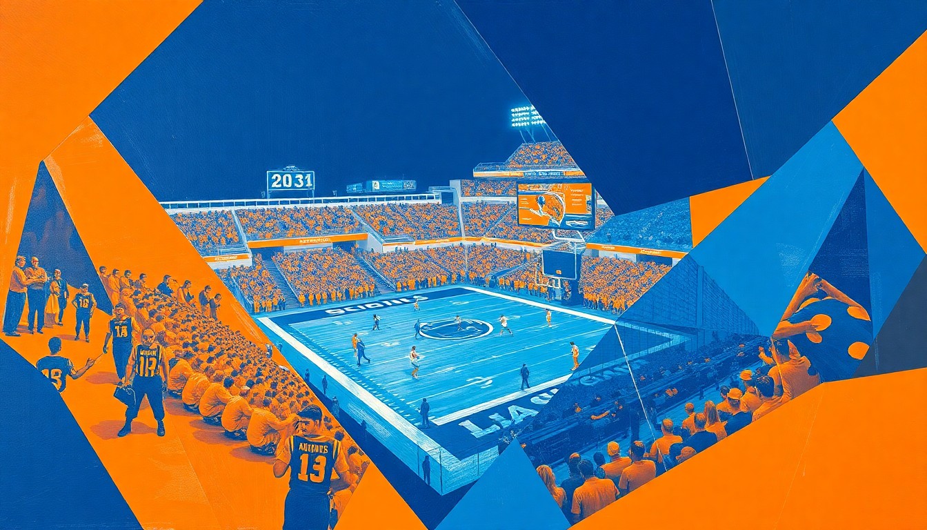 A fragmented, geometric painting in shades of orange and blue, depicting an abstract sports scene with overlapping angular shapes and planes, conveying the dynamic nature of collegiate athletics.