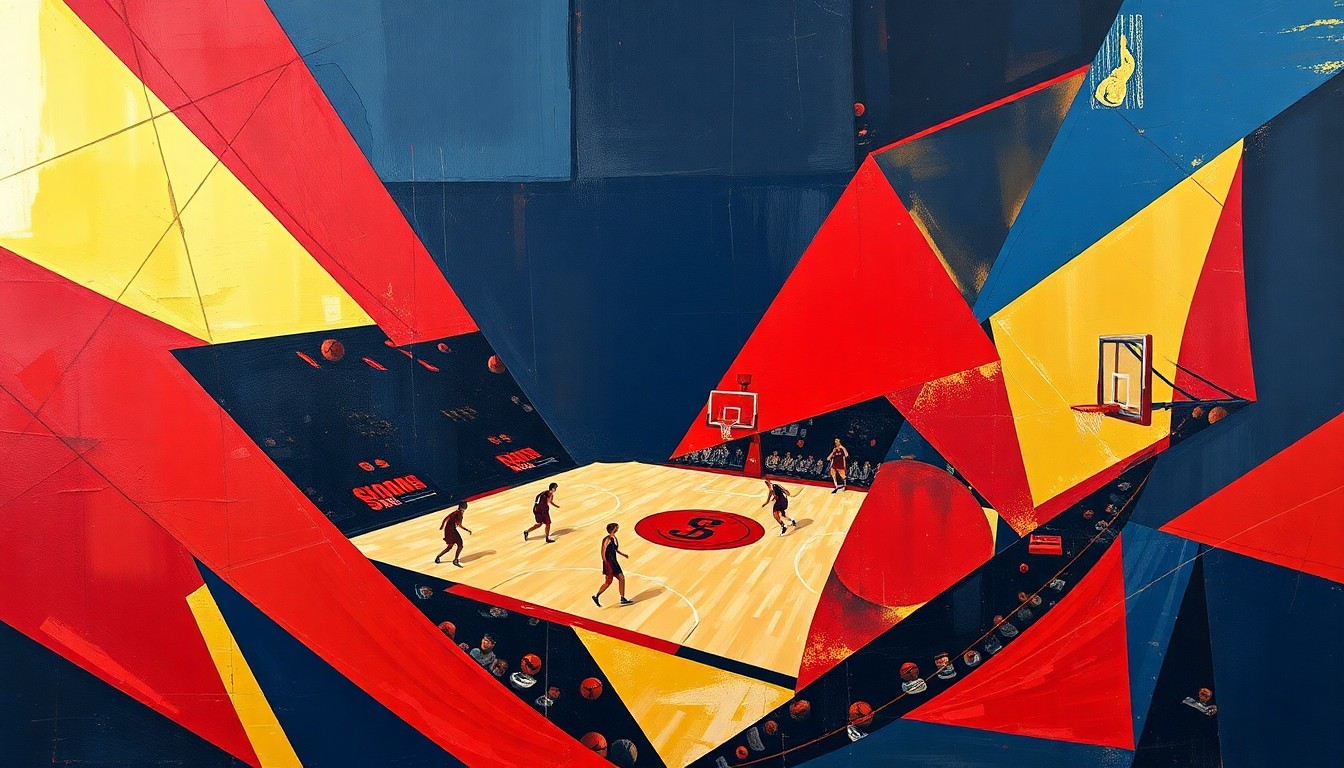 A fragmented, cubist-style painting depicting the action of a women's basketball game, with the players and court broken down into sharp, overlapping geometric shapes in deep red, navy, and gold tones, conveying the uncertainty and shifting dynamics of the program's leadership transition.