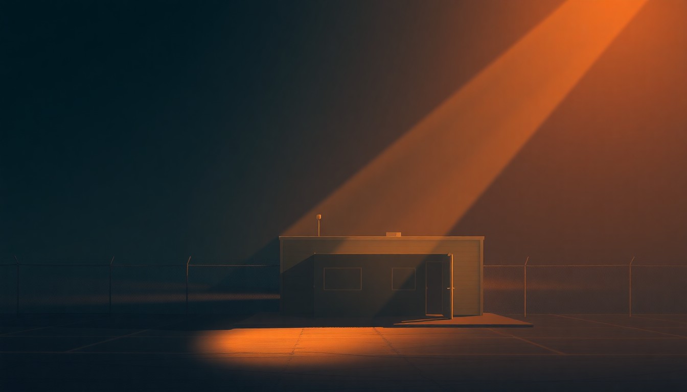 A realist painting in warm tones depicting a large, nondescript government building surrounded by a barren landscape, conveying a sense of isolation and melancholy.