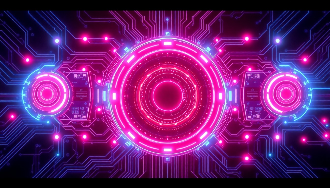 A highly detailed, glowing 3D illustration of an abstract AI agent interface, with pulsing neon blue and magenta lights illuminating the intricate cybernetic hardware components, conceptually representing the complex technology powering enterprise AI agent platforms.