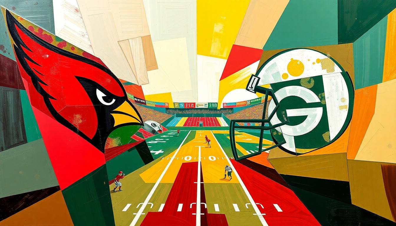 A fractured, multi-perspective painting depicting the action and energy of a football practice or game, with sharp geometric shapes and planes in vibrant colors representing the Arizona Cardinals and Green Bay Packers.