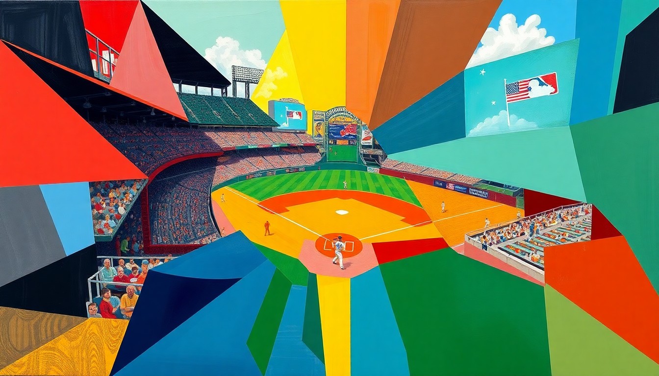 A cubist, geometric painting depicting a baseball game, with the ball and players fractured into overlapping planes of bright, contrasting colors representing the team's official palette.