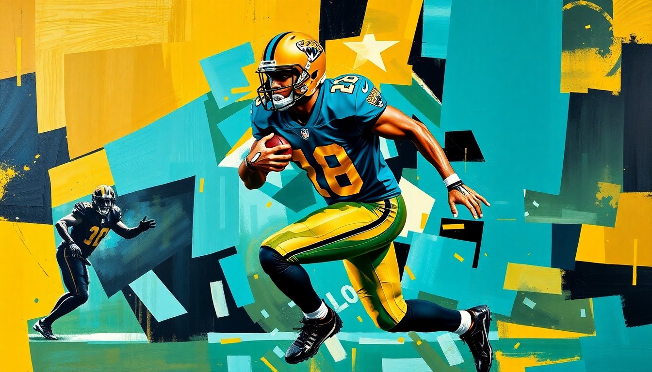 A fractured, geometric painting depicting the movements and actions of a football player, rendered in bold teal, gold, and black colors to represent the Jacksonville Jaguars team.