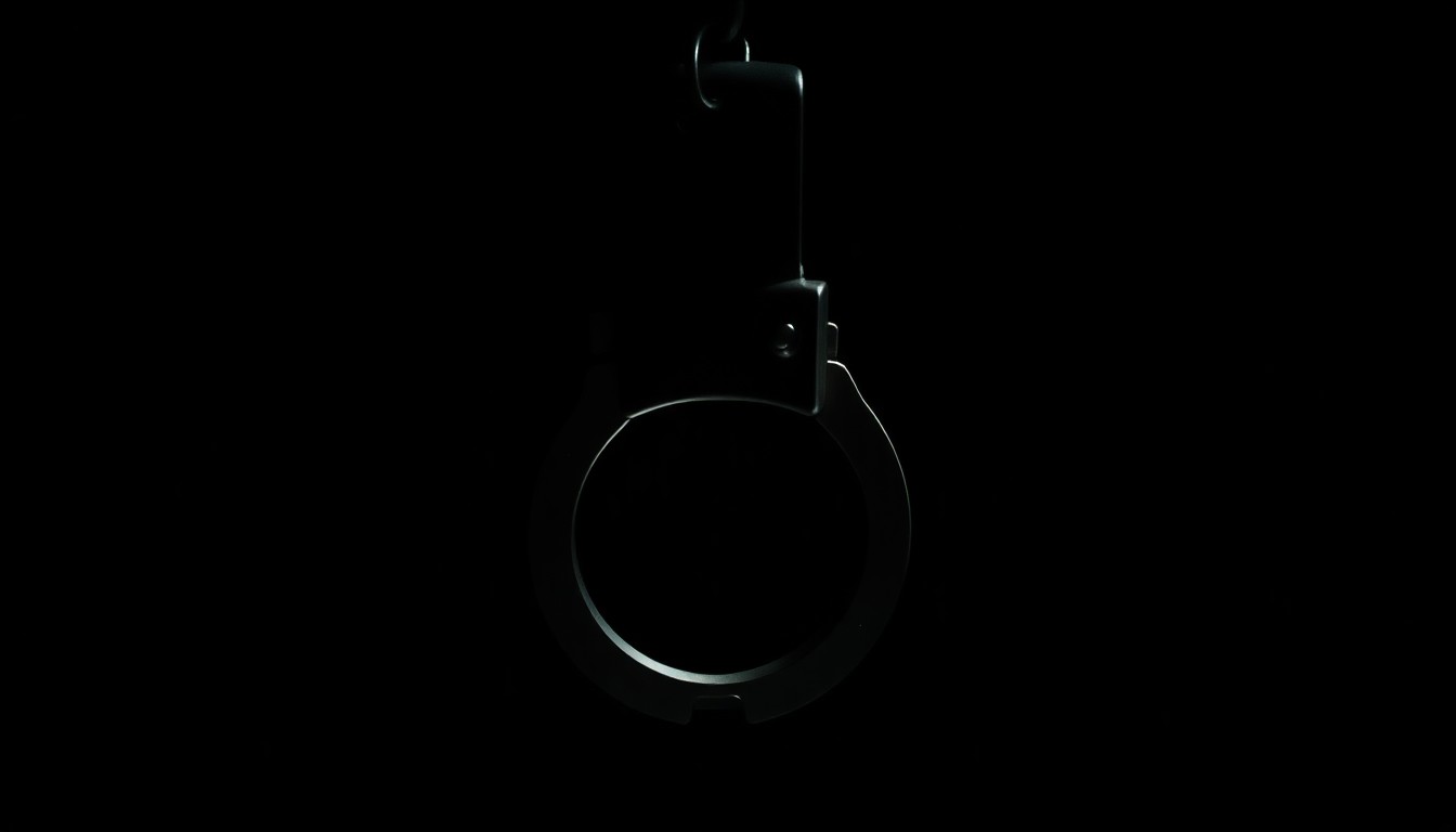 An extreme close-up photograph of a metal handcuff or police restraint equipment against a pitch-black background, creating a stark, gritty, investigative aesthetic through the use of harsh, direct lighting.