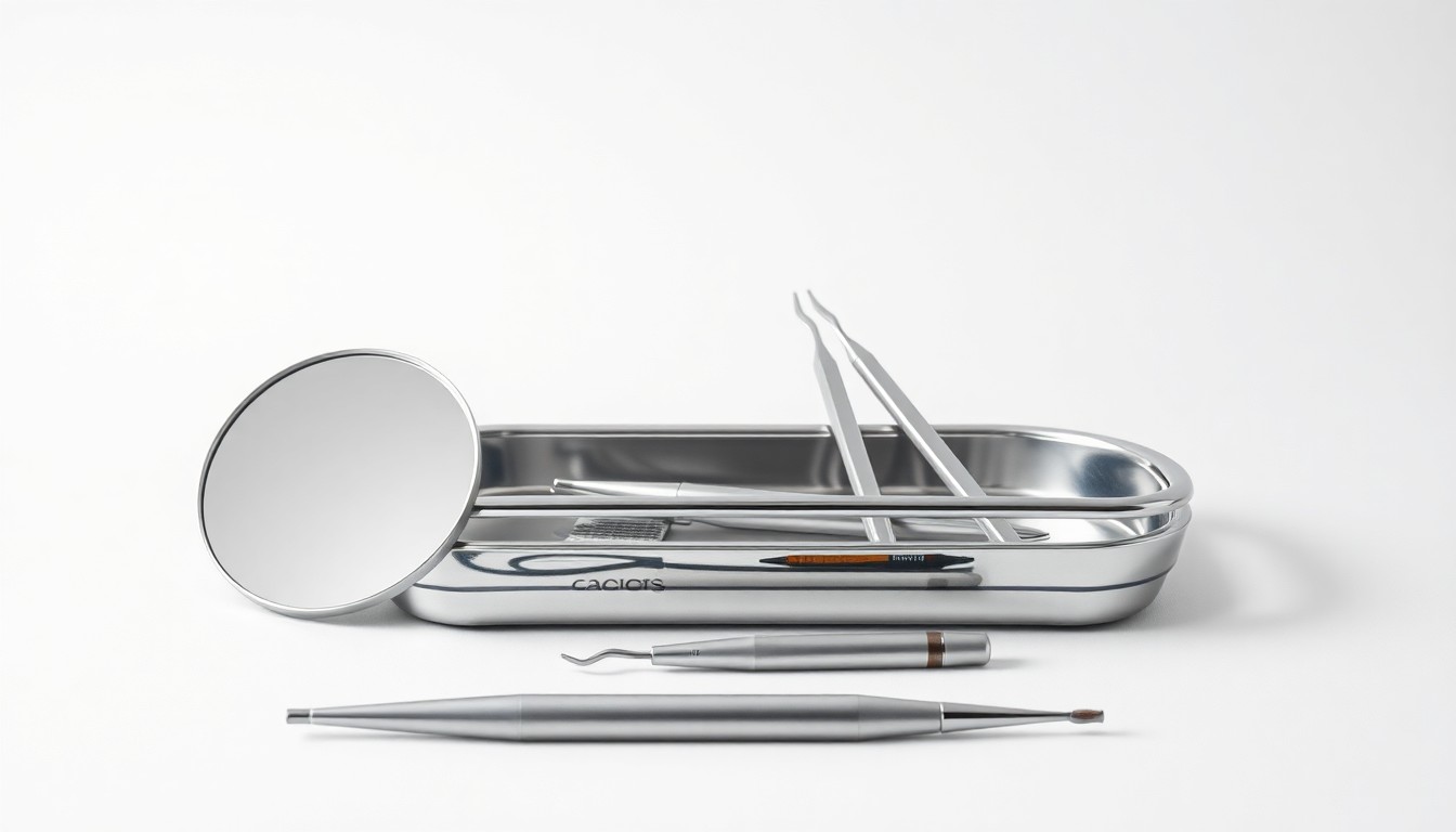 A minimalist studio still life photograph featuring a polished dental mirror, dental tools, and a metal tray, conceptually representing the precision and professionalism of the dental industry.