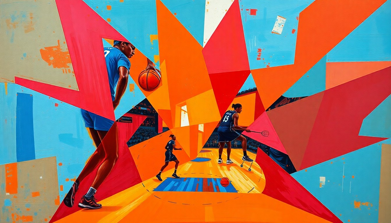 A fractured, multi-perspective painting featuring overlapping geometric shapes and planes in a vibrant color palette, capturing the dynamic energy and movement of a WNBA basketball game or match.