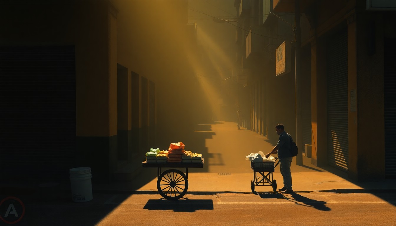 A textured, cinematic painting of a Venezuelan street vendor selling basic goods from a small cart, with warm sunlight and deep shadows creating a sense of solitude and nostalgia.