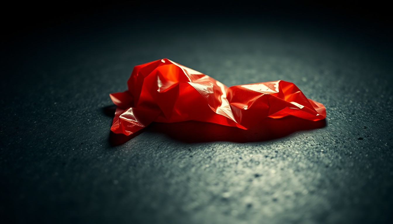 An extreme close-up of a crumpled, discarded condom on a dark, textured surface, lit by a harsh, direct camera flash, conceptually representing the disturbing aftermath of a predatory crime against a minor.