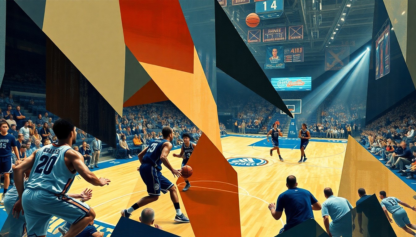 A cubist, geometric painting depicting the action of a college basketball game, with the players' forms broken down into abstracted, angular shapes and the court and arena fading into the background.