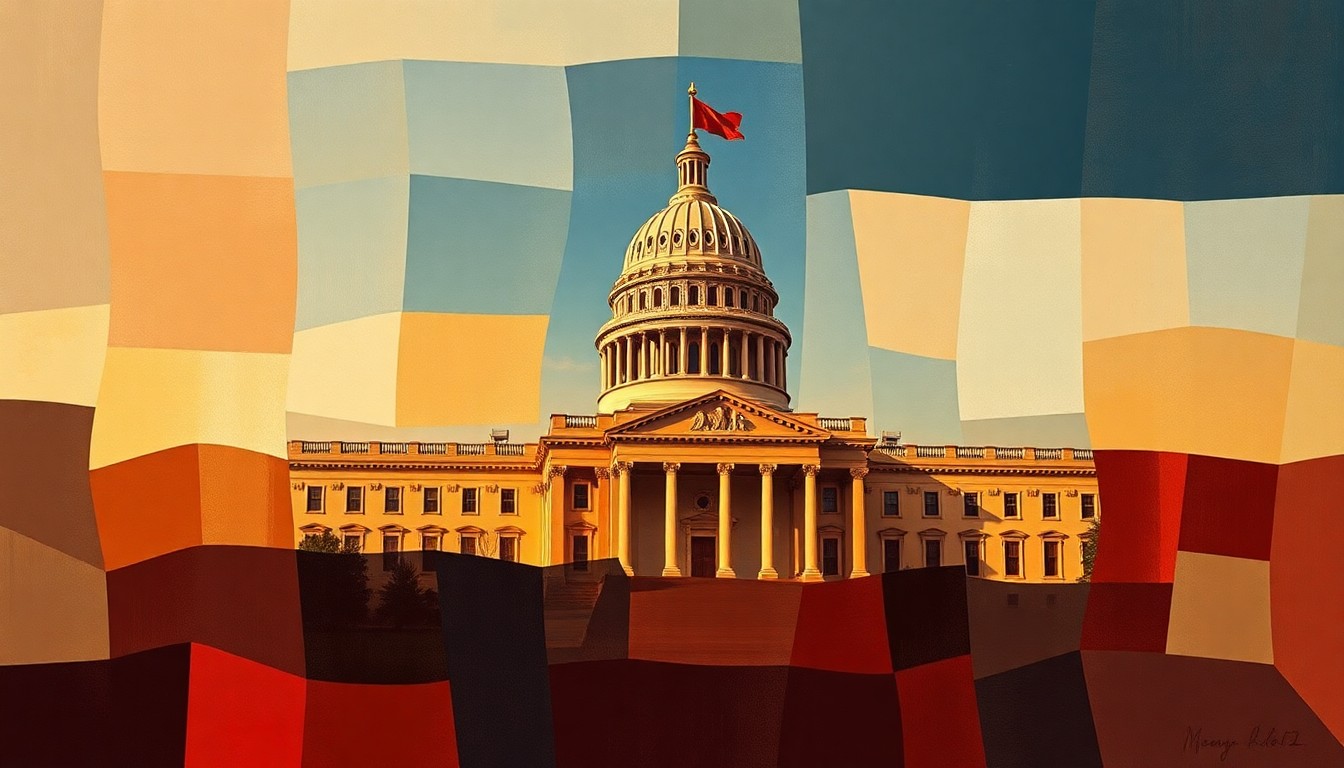 A fractured, abstract painting depicting a government building or political symbol in motion, with overlapping geometric shapes and brushstrokes in warm earth tones, deep blues, and muted reds, conveying a sense of political turmoil and division.