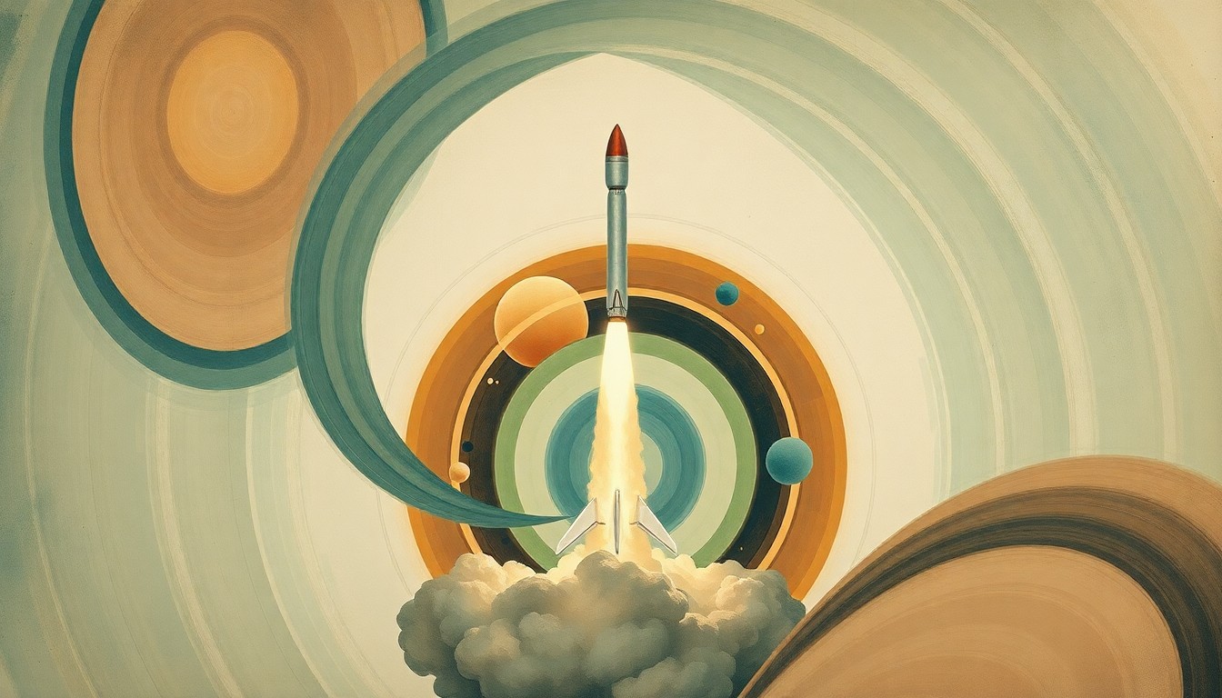 A bold, geometric abstract painting in muted earth tones, featuring sweeping arcs, concentric circles, and precise spirals, conceptually representing the complex physical forces and scientific principles behind a rocket launch.