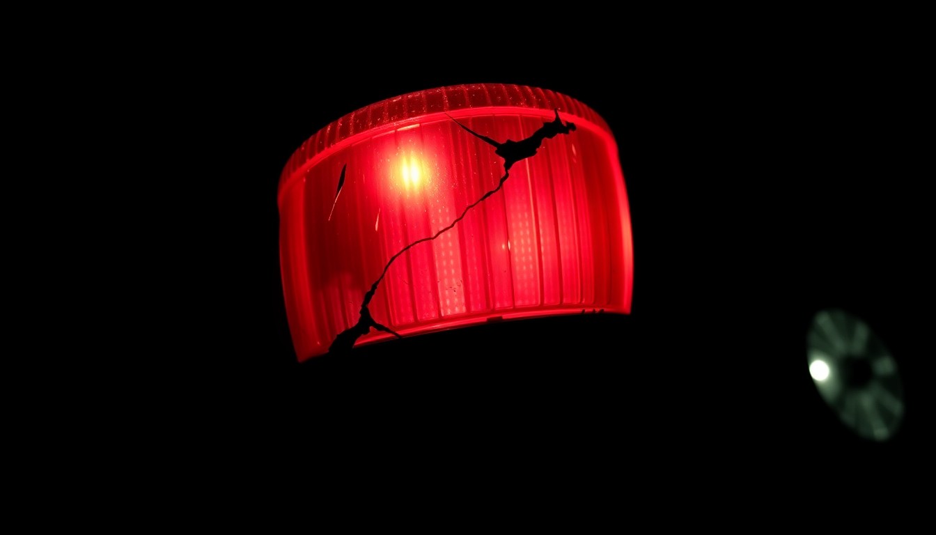 An extreme close-up photograph of a damaged fire department vehicle part, such as a broken siren or cracked dashboard, lit by a harsh, direct camera flash against a pitch-black background, conveying a stark, gritty, and investigative aesthetic.