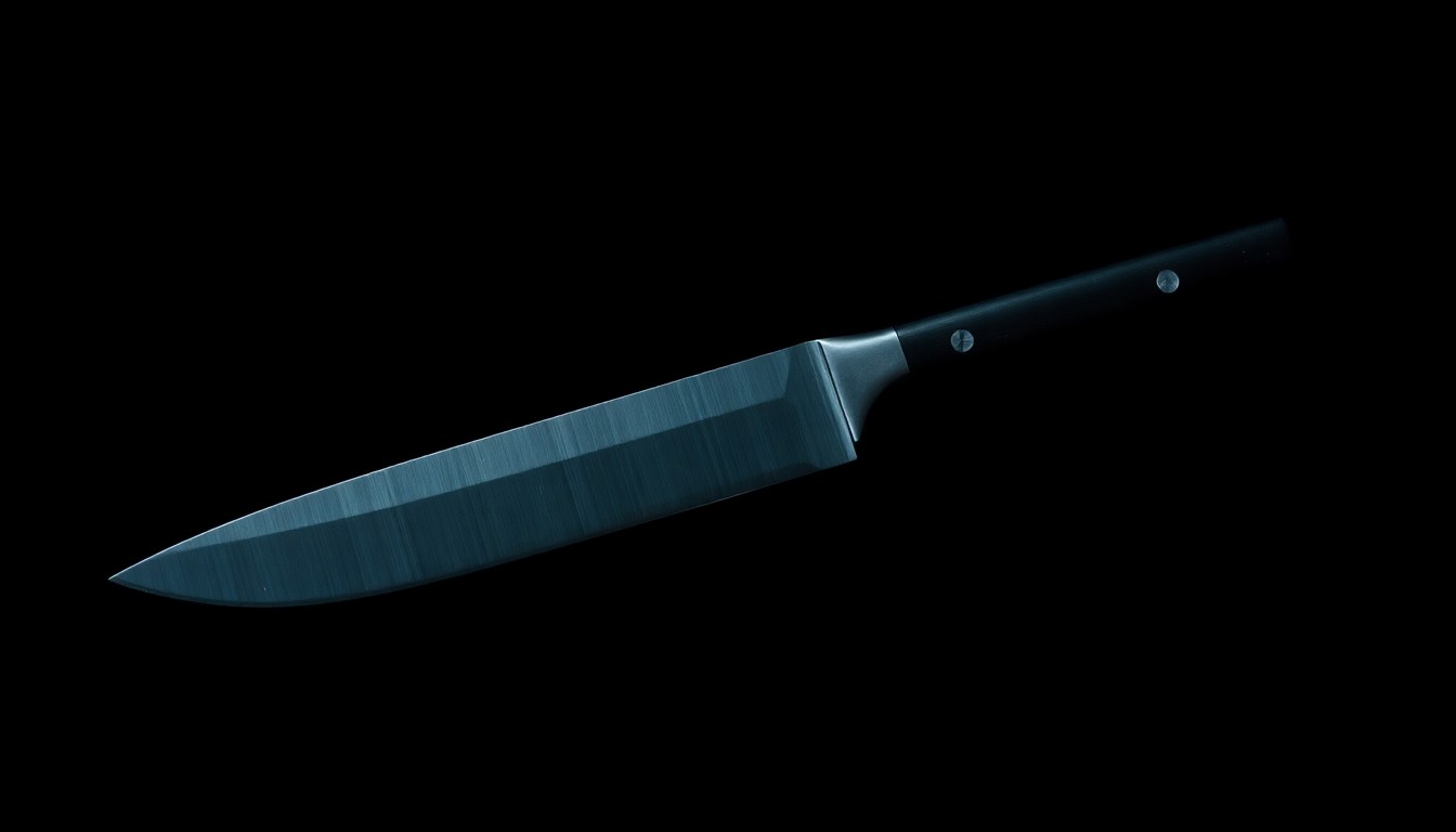 An extreme close-up photograph of a police-issued knife against a stark black background, the harsh lighting creating dramatic shadows and textures that convey a sense of the tense, investigative nature of the incident.