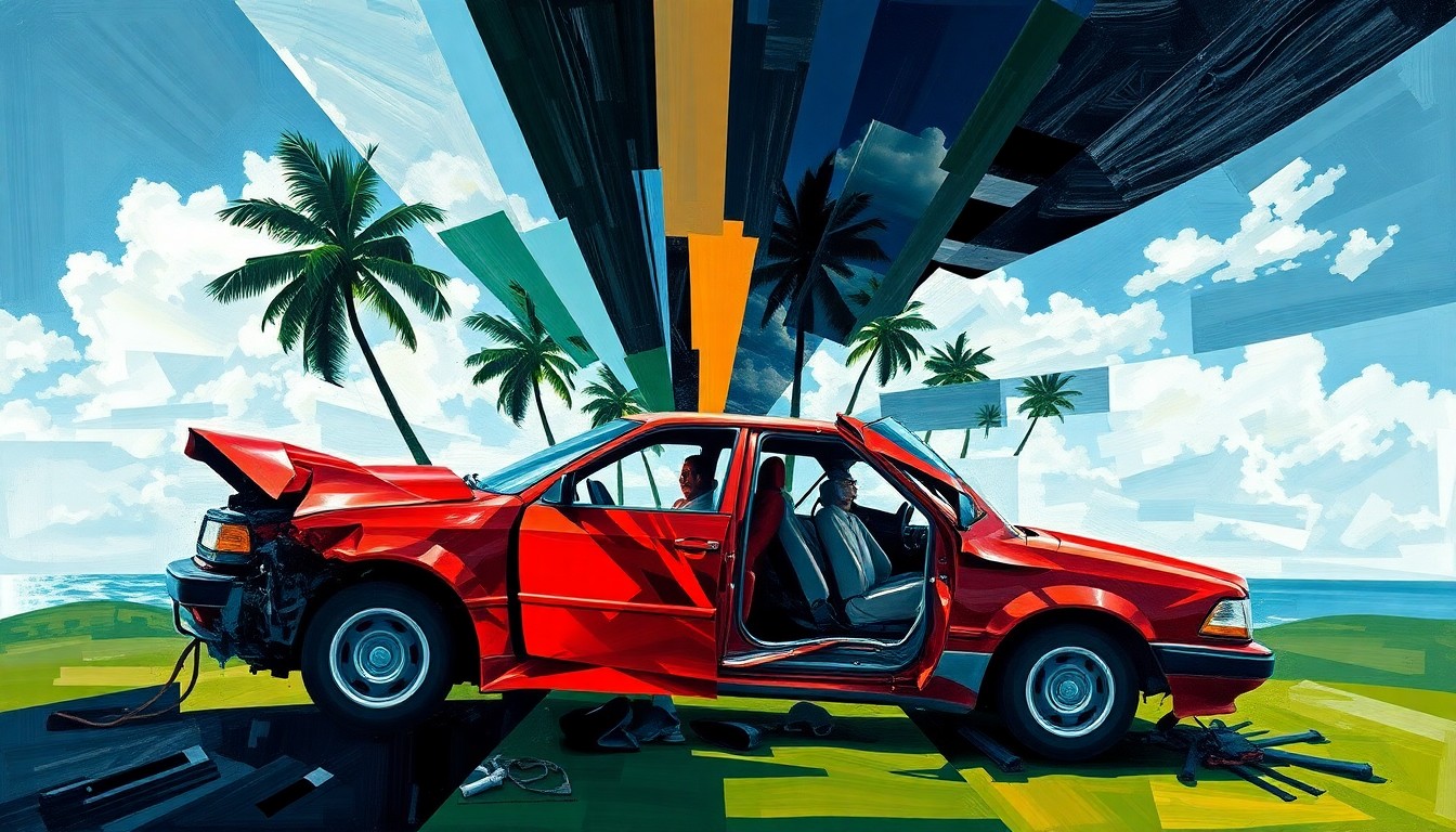 A fractured, geometric painting depicting the aftermath of a vehicle rollover, with sharp planes of color and overlapping shapes representing the disjointed nature of the event.