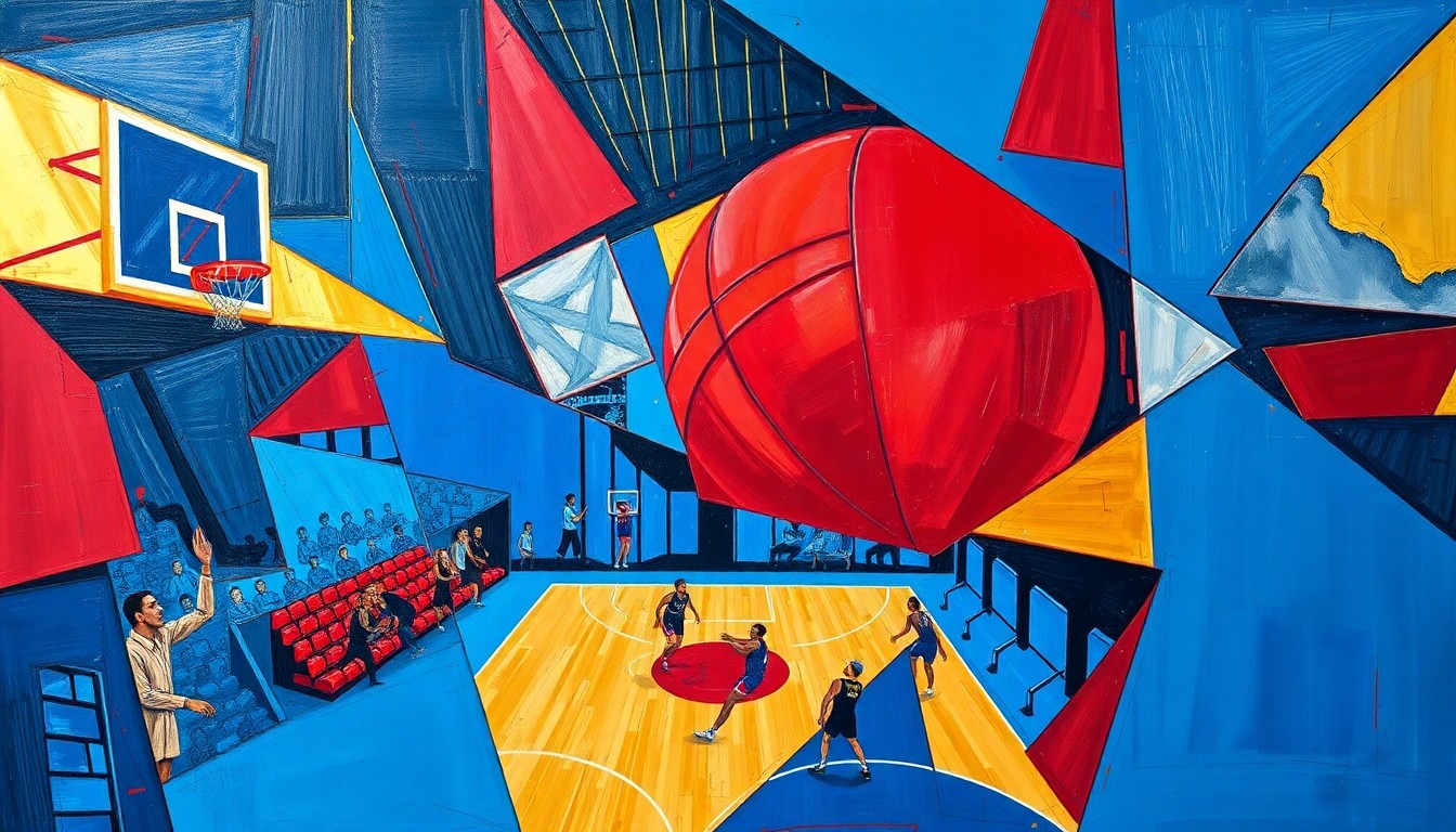 A cubist, geometric painting depicting a fragmented basketball game, with sharp planes of royal blue, crimson red, and metallic gold, conceptually representing the strategic changes happening within the Kentucky basketball program.