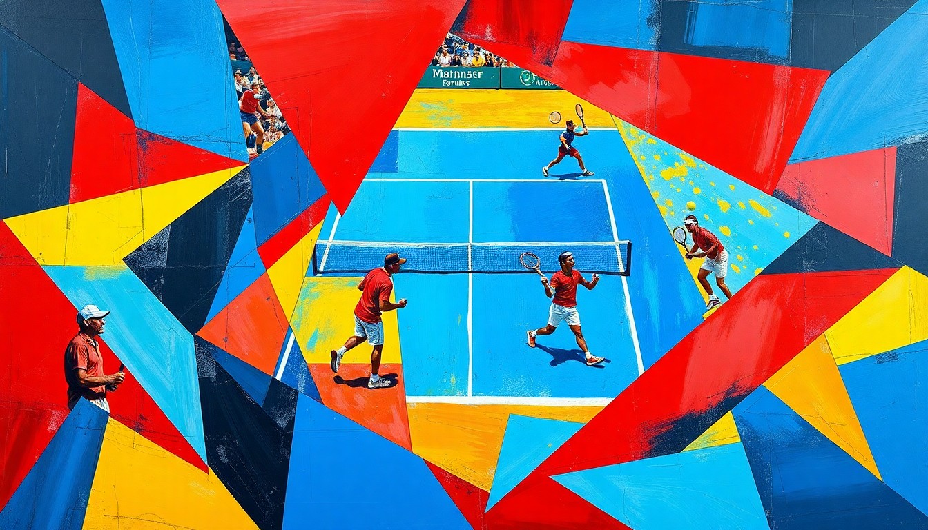 A fragmented, cubist-style painting depicting various tennis court scenes broken down into sharp, overlapping geometric shapes and planes in a vibrant color palette, conceptually representing the diverse array of matches and players featured across the upcoming clay-court tournaments.