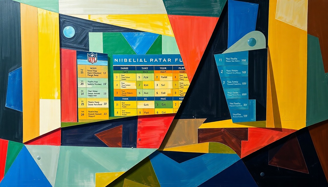 A cubist-style painting depicting a fragmented, geometric football draft board, representing the complex dynamics around the league's draft pick trading rules.