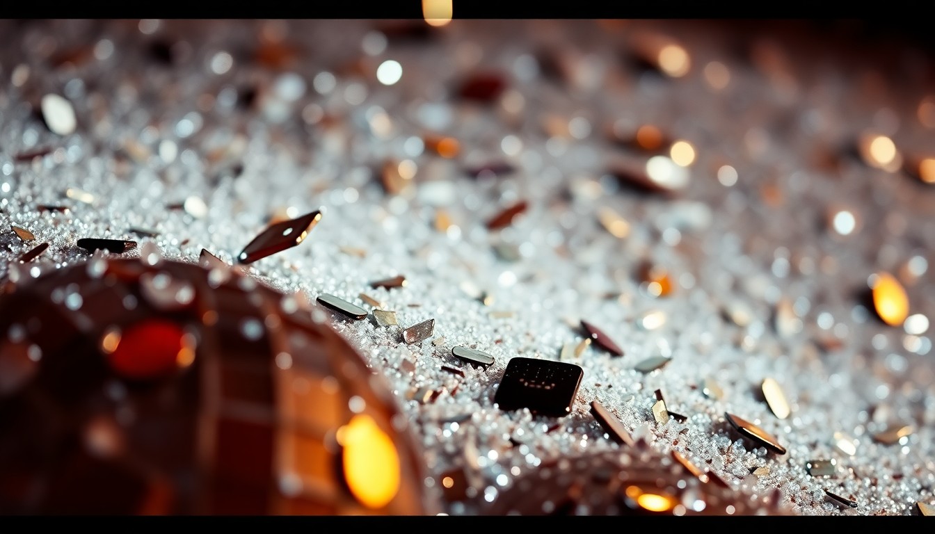 An extreme close-up photograph showcasing the intricate, sparkling texture of a shattered disco ball, capturing the glamour and energy of Thundercat's musical world.