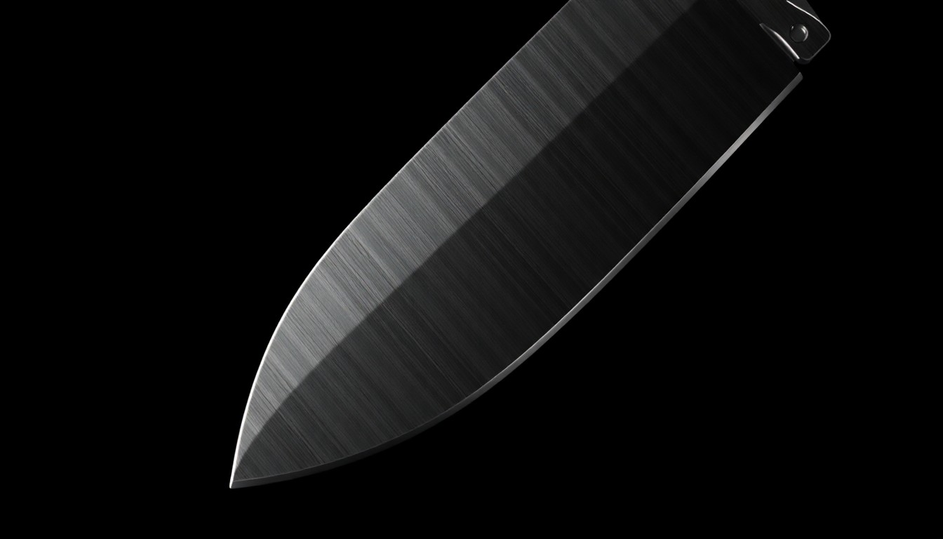 An extreme close-up of a shiny metal pocket knife blade against a dark background, conceptually representing the violence experienced by a security guard during an altercation.