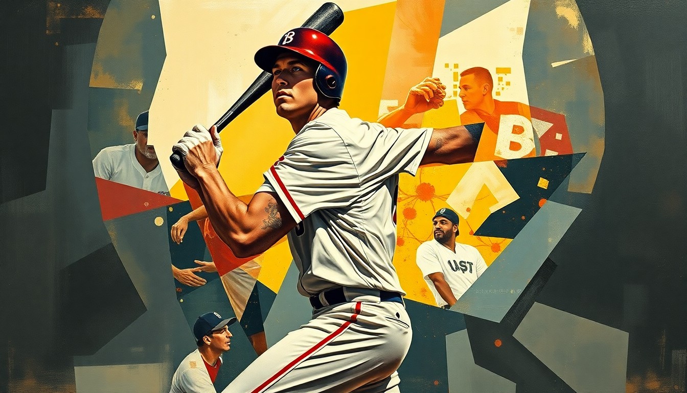 A fractured, cubist-style painting depicting the dynamic motion and energy of a baseball player batting or fielding, with the player's face and uniform abstracted into sharp, overlapping geometric shapes and planes.