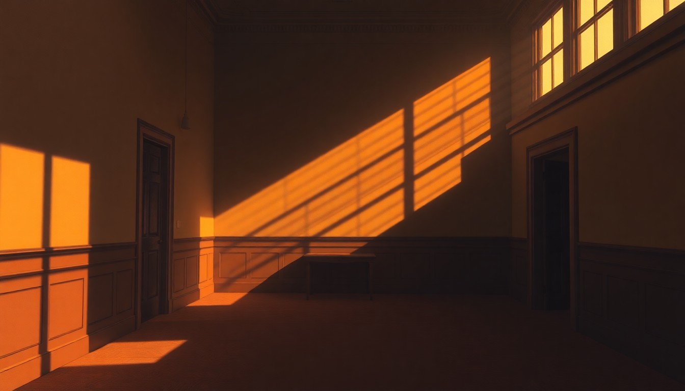 A serene, cinematic painting of a dimly lit government office or meeting space, with warm sunlight streaming in through the windows and casting deep shadows across the room, conveying a sense of quiet contemplation and the weight of political decisions.