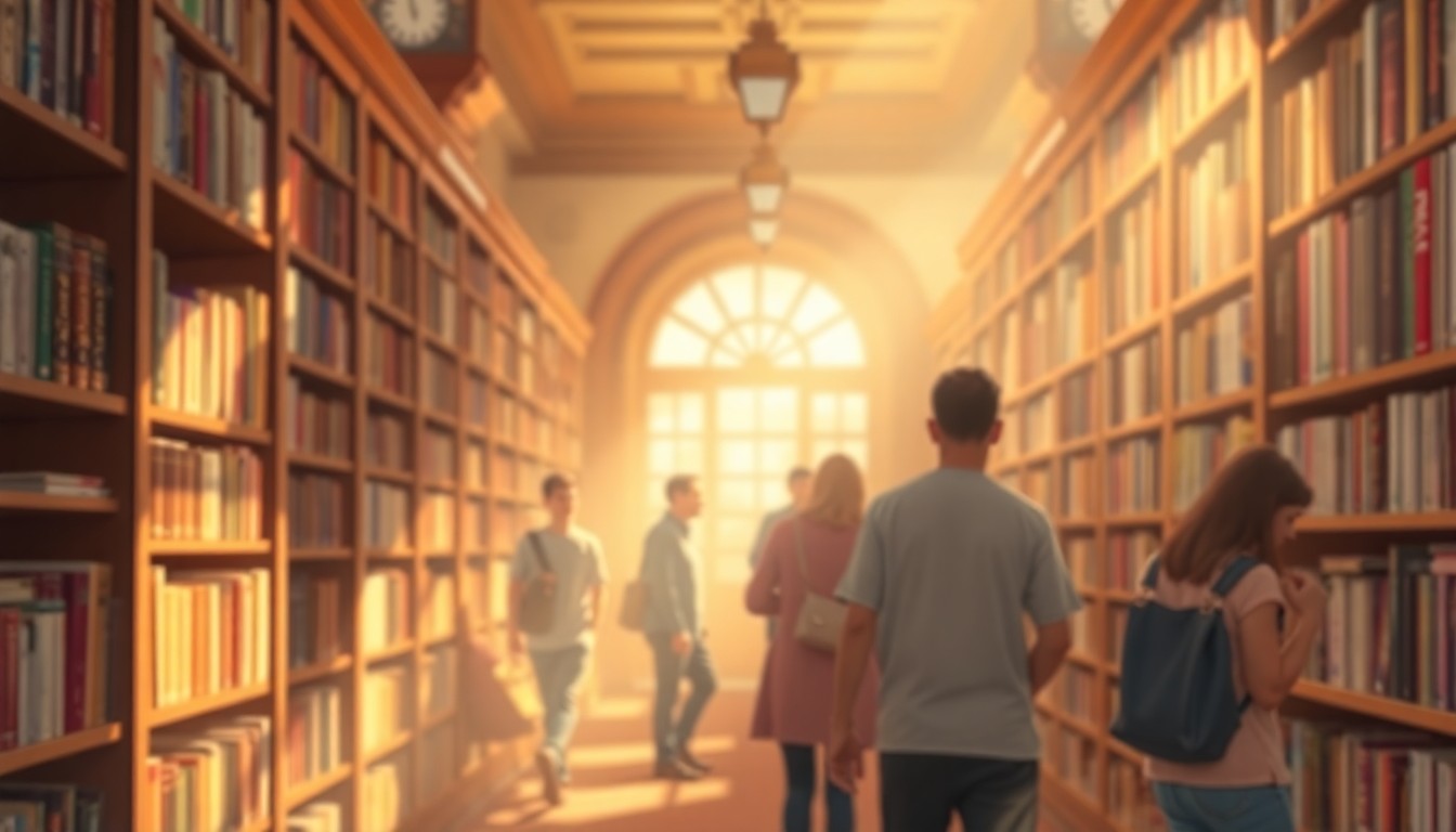 An abstracted, out-of-focus photograph of people browsing bookshelves in a warm, inviting library setting, with soft pools of light and color creating a dreamlike, atmospheric mood that captures the spirit of the San Antonio Book Festival.