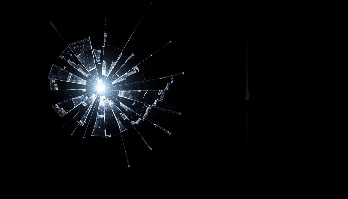 An extreme close-up photograph of a damaged door lock or shattered window glass, lit by a harsh, direct camera flash against a pitch-black background, conveying a stark, gritty, and investigative aesthetic.