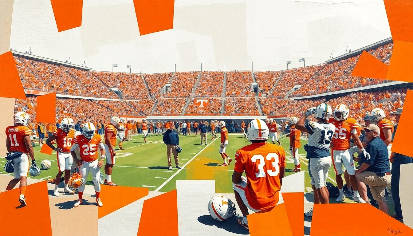 A cubist, geometric painting depicting a fractured, multi-angle view of a Tennessee football practice, with players, coaches, and equipment broken down into sharp, overlapping planes of vibrant orange and white colors.