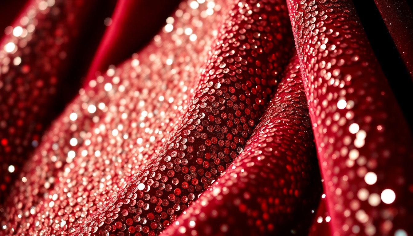 An extreme close-up photograph of luxurious, shimmering sequins and plush velvet fabric, capturing the high-fashion aesthetic of Hollywood celebrity culture.