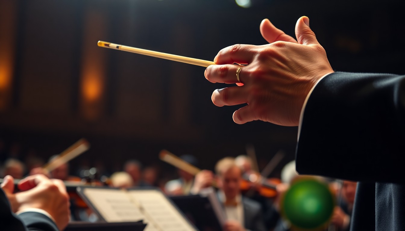 An extreme close-up photograph of a conductor's hands holding a baton, with dramatic high-contrast lighting creating a glamorous, textural aesthetic that conceptually represents Gustavo Dudamel's artistic mastery and influence.