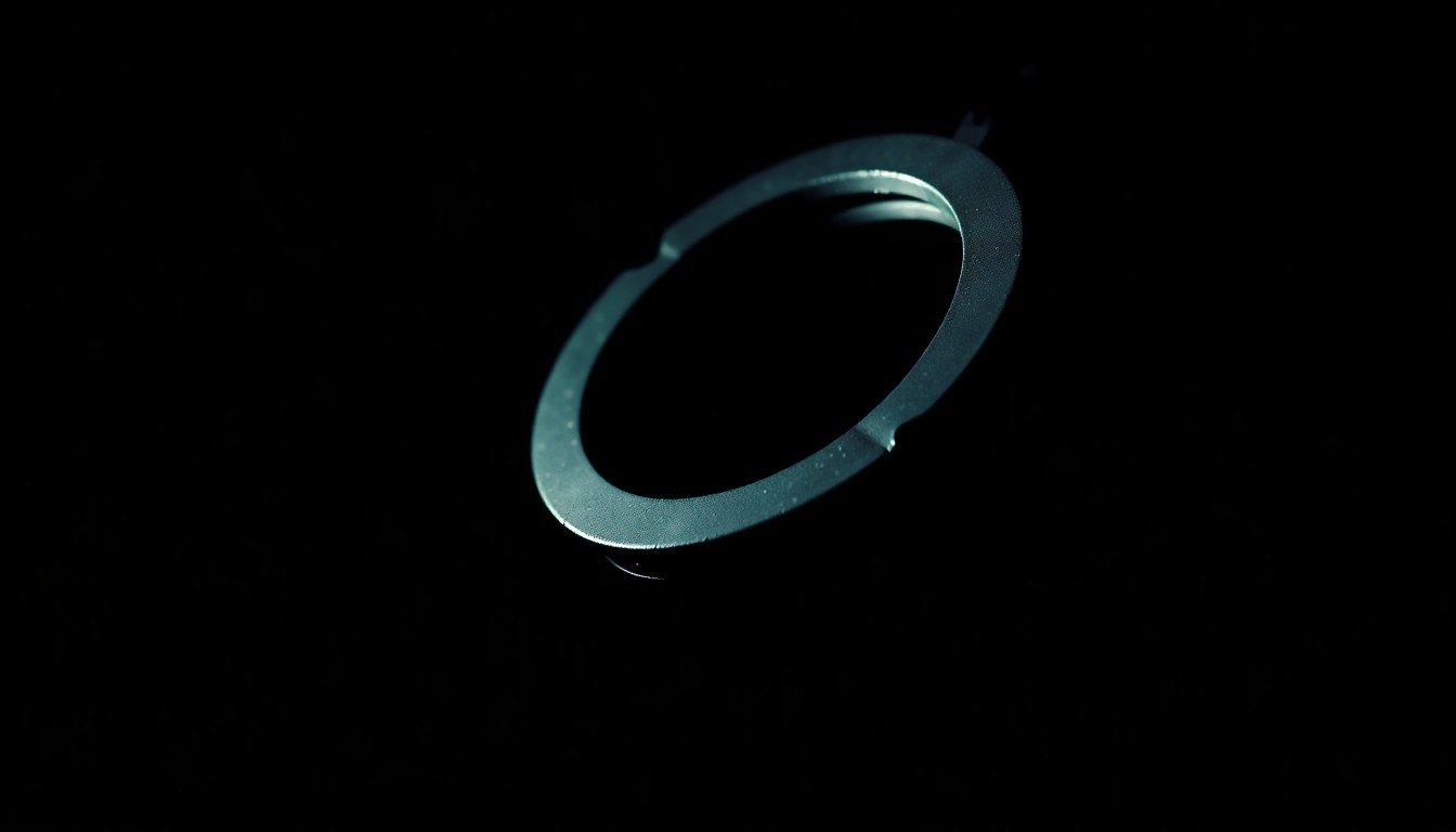 An extreme close-up photograph of a police handcuff against a pitch-black background, lit by a harsh, direct camera flash, conceptually representing the physical evidence of a crime in a stark, gritty, investigative aesthetic.