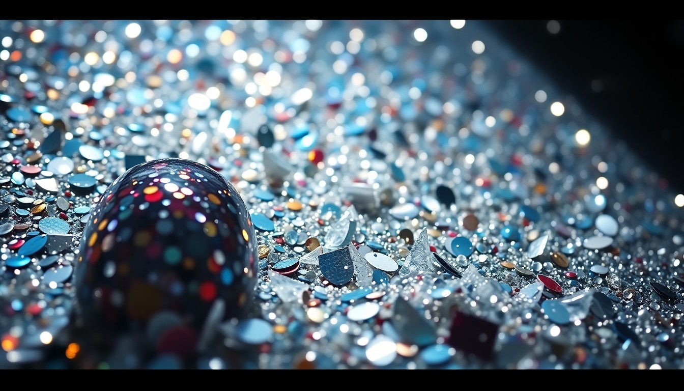 An abstract close-up photograph featuring a dramatic, high-contrast composition of shimmering sequins and shattered glass, conveying the glamorous atmosphere of a celebrity-filled concert.