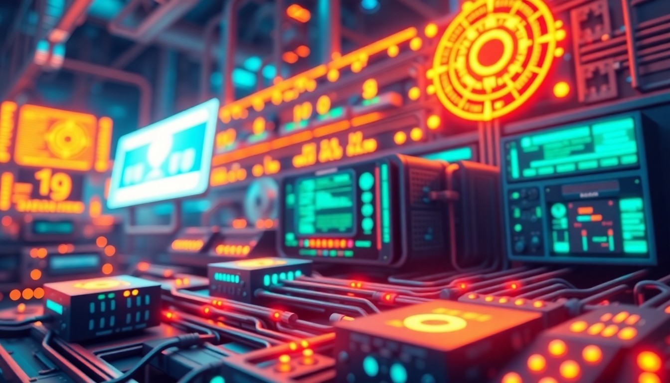 A visually striking, 3D illustration of glowing, neon-lit cybersecurity infrastructure and hardware components, conveying the complex regulatory landscape that AI companies must navigate to secure government contracts.